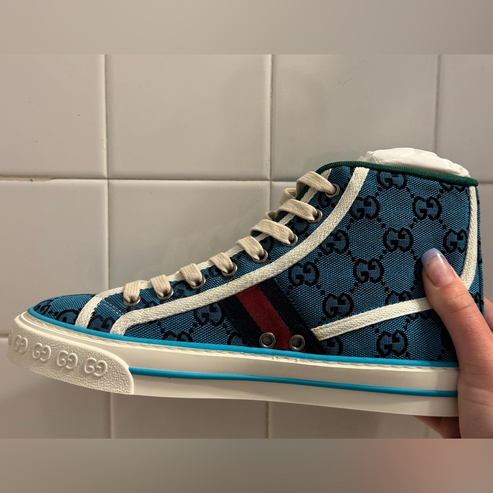 Gucci Teal/Blue Canvas Patterned High-Top Sneakers - Picture 4 of 16